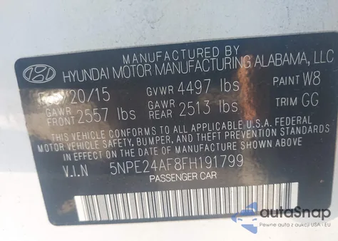 2015 Hyundai Sonata Se from USA, damaged, VIN 5NPE24AF8FH191799